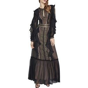 Women's Black BCBG Max Azria Embroidered Ruffle Flounce Bishop Sleeve Gown